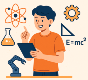 High school STEM education illustration: teenager with tablet surrounded by science, technology, engineering and math symbols.