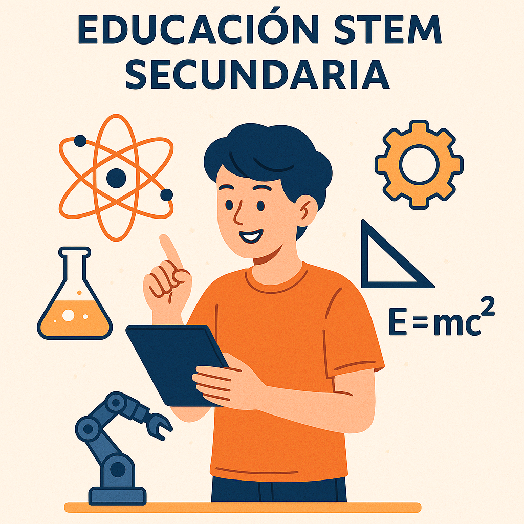 Ilustración de educación STEM en secundaria: adolescente con tablet rodeado de símbolos de ciencia, tecnología, ingeniería y matemáticas.