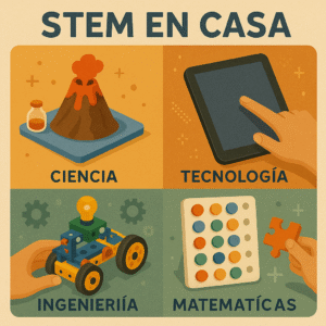 Ilustración STEM en casa con ejemplos de actividades educativas: ciencia, tecnología, ingeniería y matemáticas