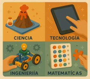 Ilustración STEM en casa con ejemplos de actividades educativas: ciencia, tecnología, ingeniería y matemáticas
