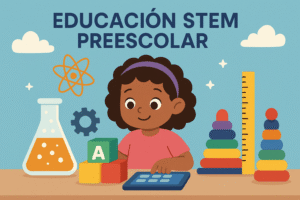 Niña pequeña jugando y aprendiendo con bloques, tablet y objetos de ciencia en ilustración de educación STEM preescolar.