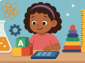 Little girl playing and learning with blocks, tablet and science objects in preschool STEM education illustration.