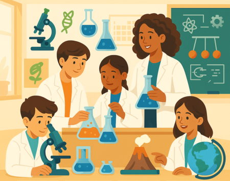 STEM educational illustration at school with students and teacher performing science, technology, engineering and mathematics experiments.