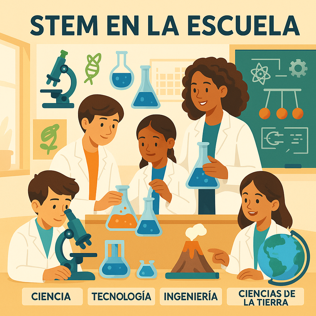 Ilustración educativa STEM en la escuela con estudiantes y profesora realizando experimentos de ciencia, tecnología, ingeniería y matemáticas