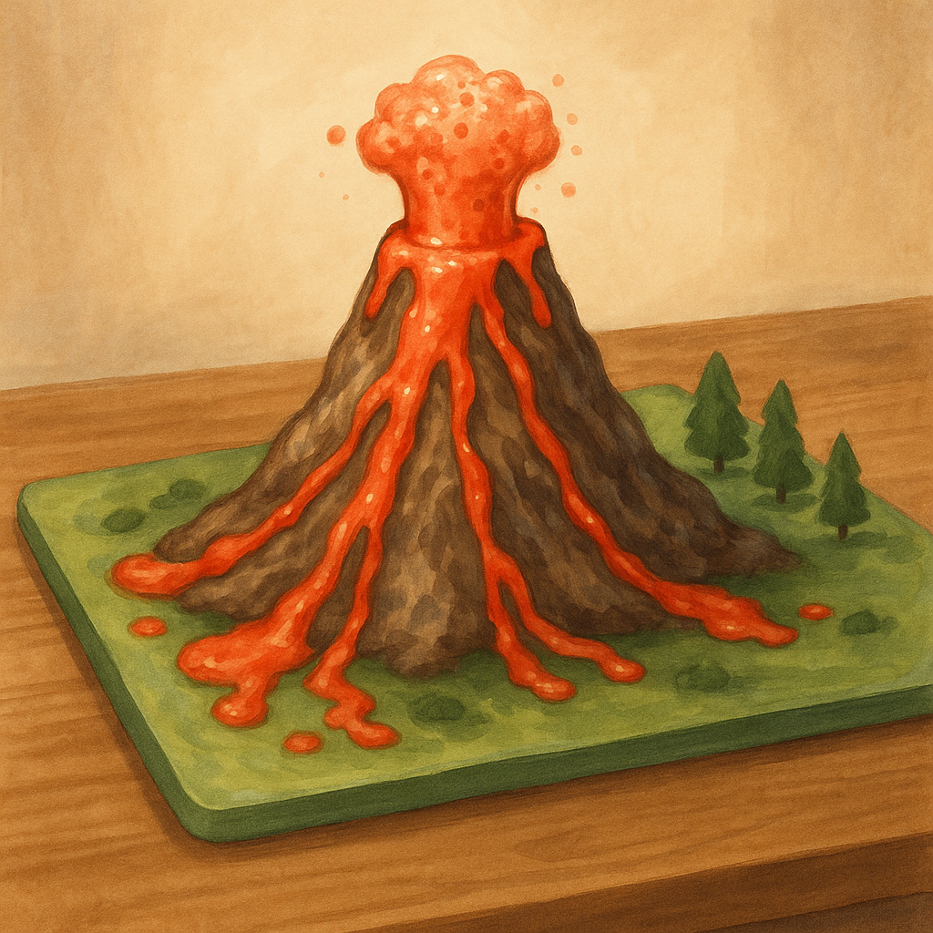 Modelo de volcán casero con botella central y masa alrededor listo para la reacción