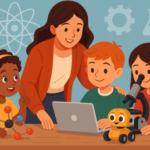 Ilustración de educación STEM en primaria con maestra y varios niños usando laptop, microscopio y robot.