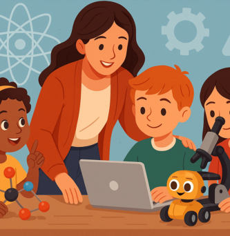 Illustration of STEM education in elementary school with teacher and several children using laptop, microscope and robot.