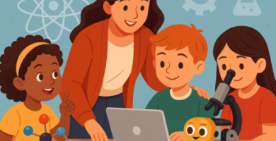 Ilustración de educación STEM en primaria con maestra y varios niños usando laptop, microscopio y robot.