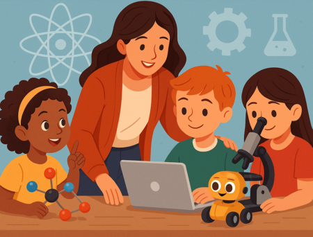 Illustration of STEM education in elementary school with teacher and several children using laptop, microscope and robot.