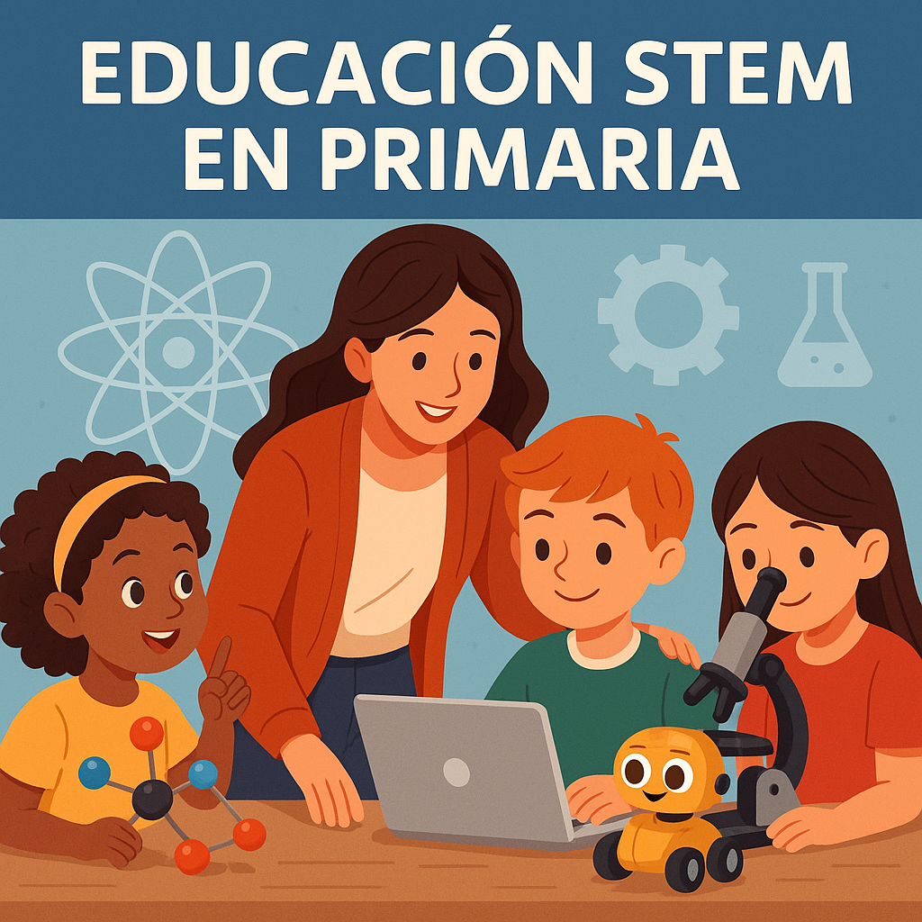 Ilustración de educación STEM en primaria con maestra y varios niños usando laptop, microscopio y robot.