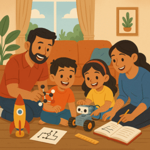 Ilustración de una familia feliz realizando actividades STEM en la sala con sus hijos