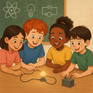 Grupo de niños realizando un experimento con circuitos eléctricos simples