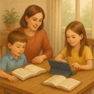 Ilustración de madre enseñando a sus hijos en casa con libros y una tableta