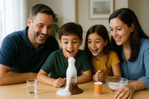 Familia realizando un experimento casero de ciencia en la mesa del comedor
