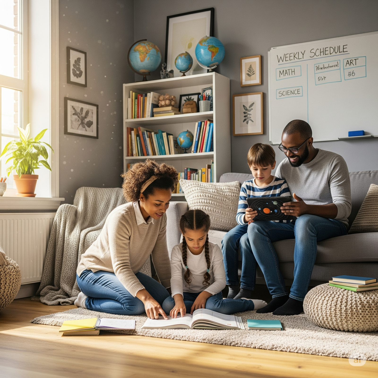 Familia haciendo clases en casa, niños aprendiendo con libros y tabletas