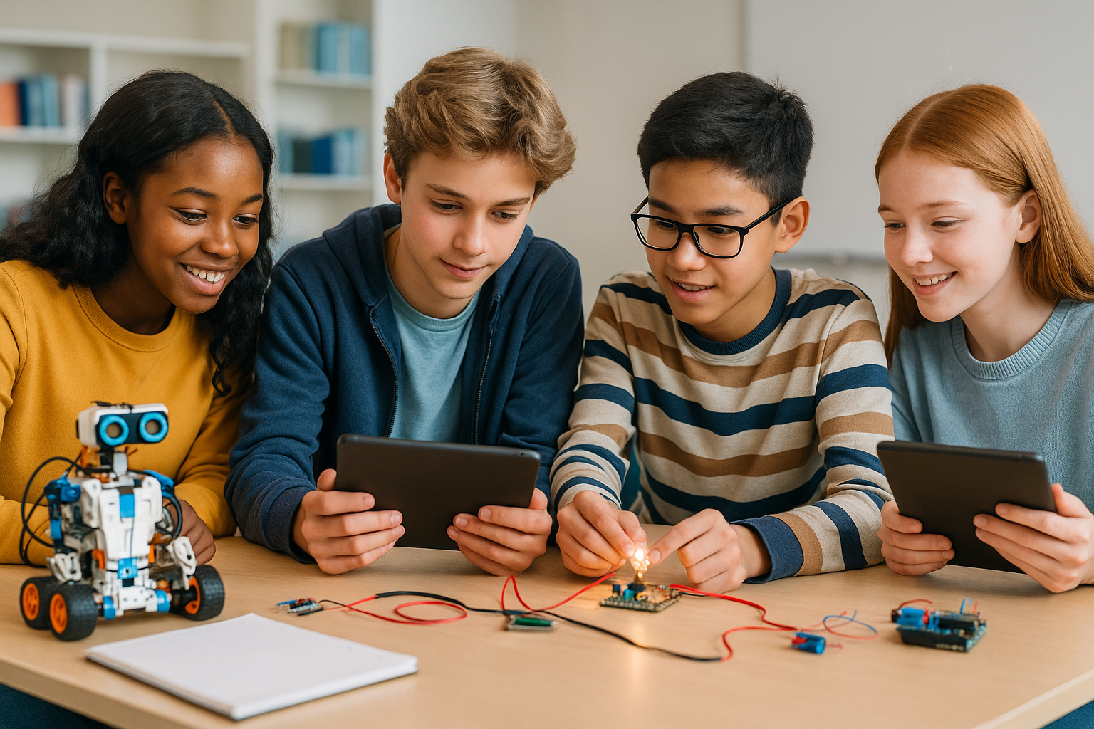 Estudiantes realizando un proyecto STEM con prototipos, mediciones, tablas de datos y presentación de resultados
