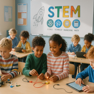 Niños trabajando en un proyecto de robótica en clase de primaria