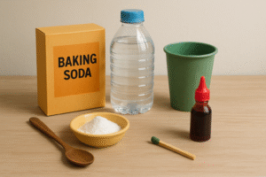 Kit básico de materiales de ciencia casera organizado por categorías en una mesa