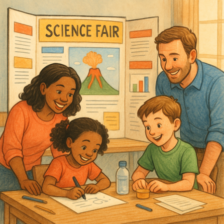 Children and parents preparing a school science fair project with posters, experiments and STEM educational materials.