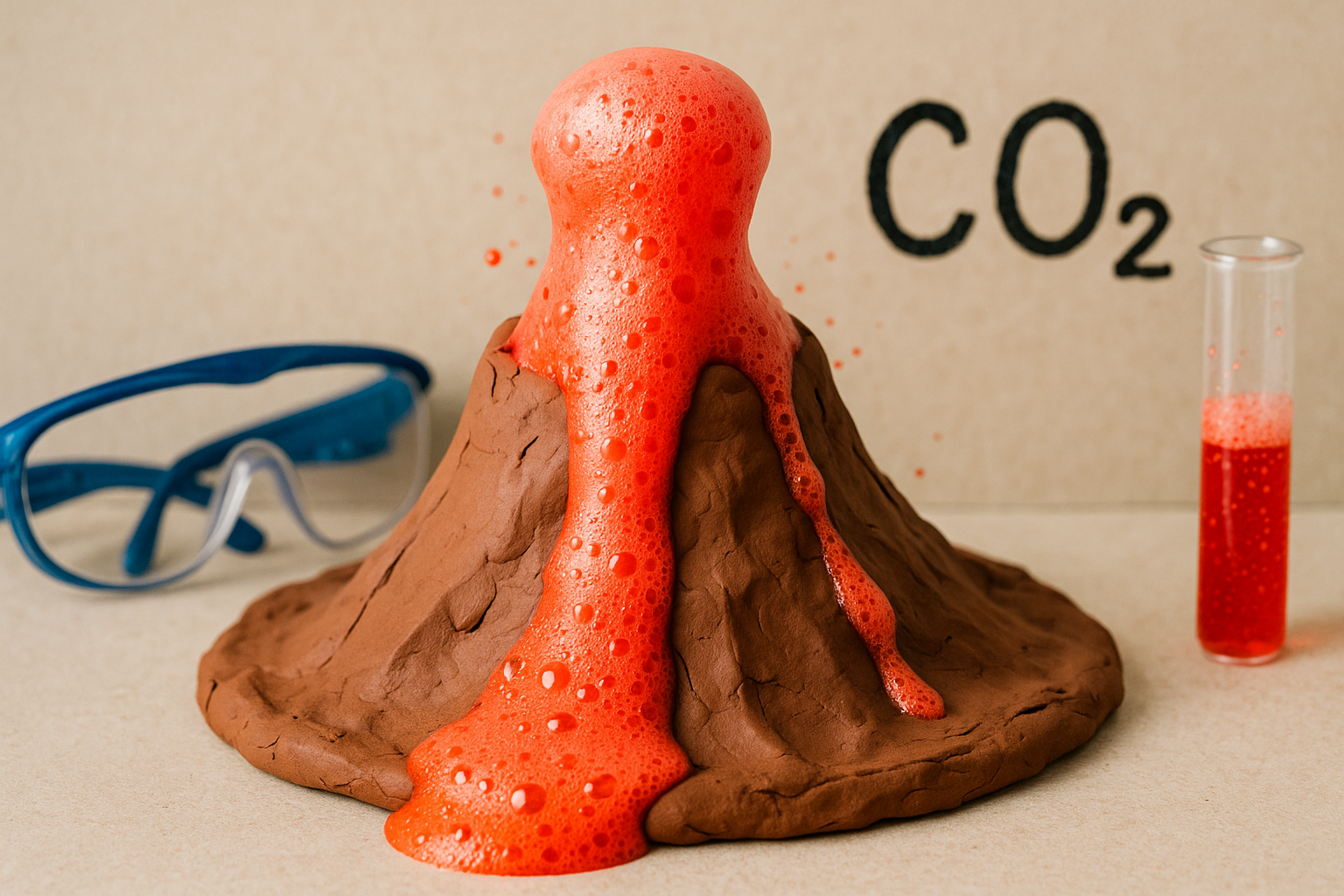 Imagen de un experimento de volcán de bicarbonato y vinagre con espuma roja saliendo del cráter, junto a gafas de seguridad y un tubo de ensayo.