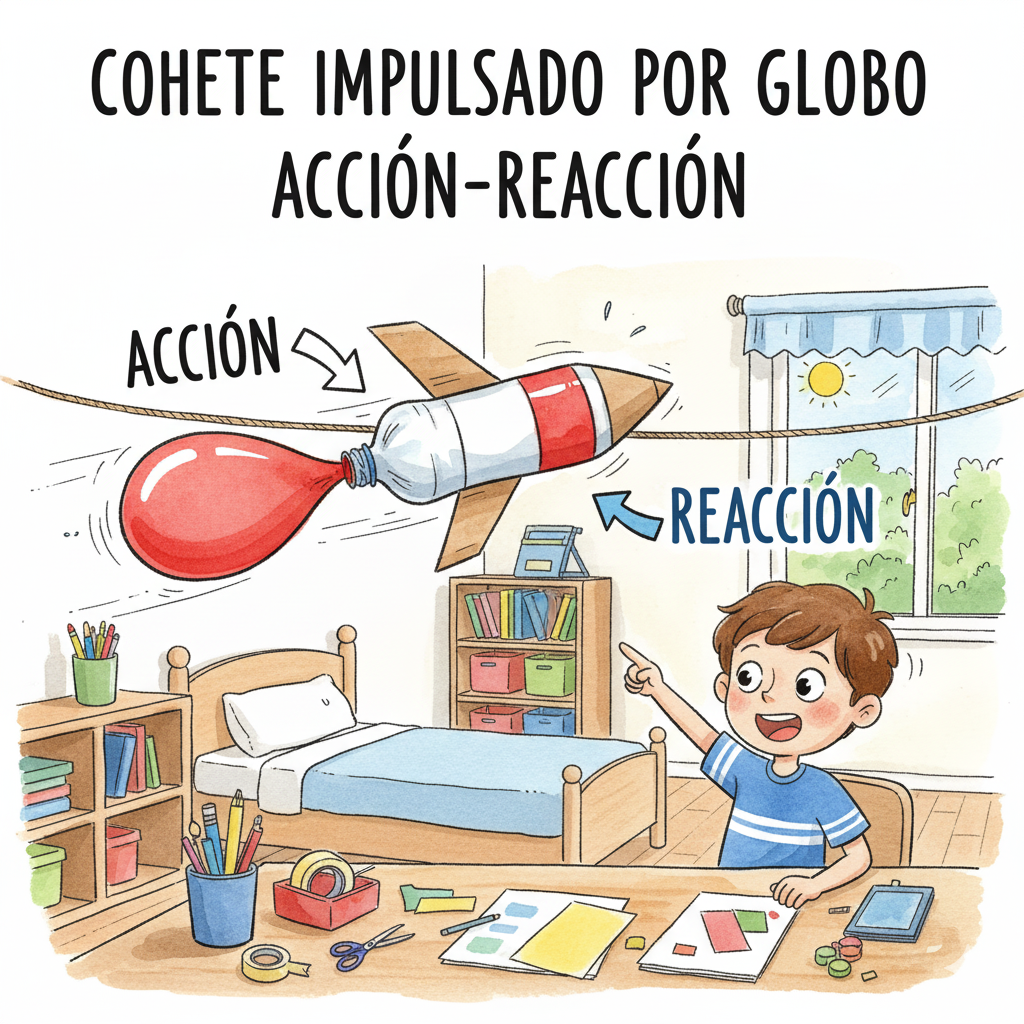 Cohete impulsado por globo montado en una cuerda con pajilla, listo para despegar