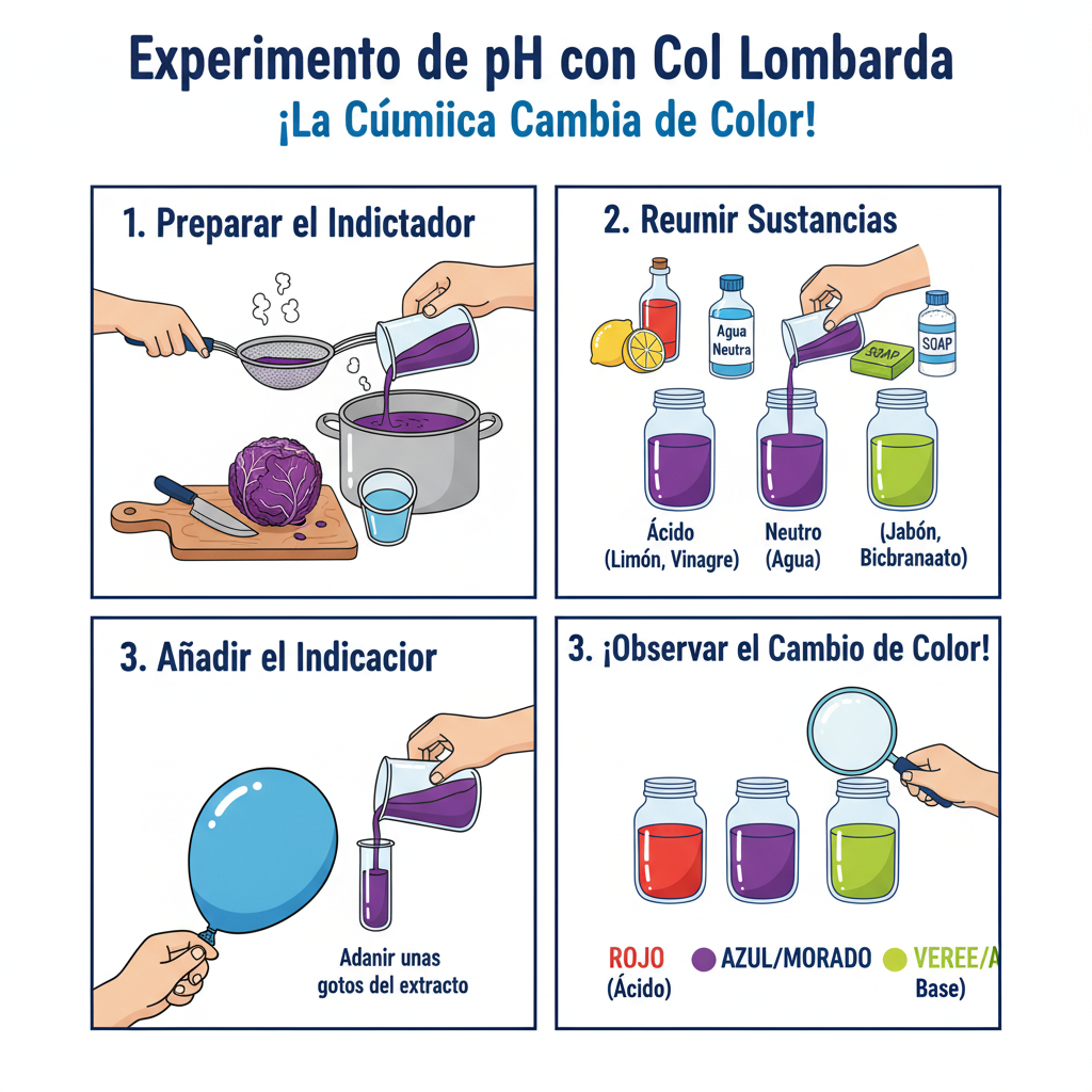 Una serie de vasos de precipitado mostrando los diferentes colores que el indicador de col lombarda produce a diferentes niveles de pH, desde el rojo ácido hasta el amarillo básico.