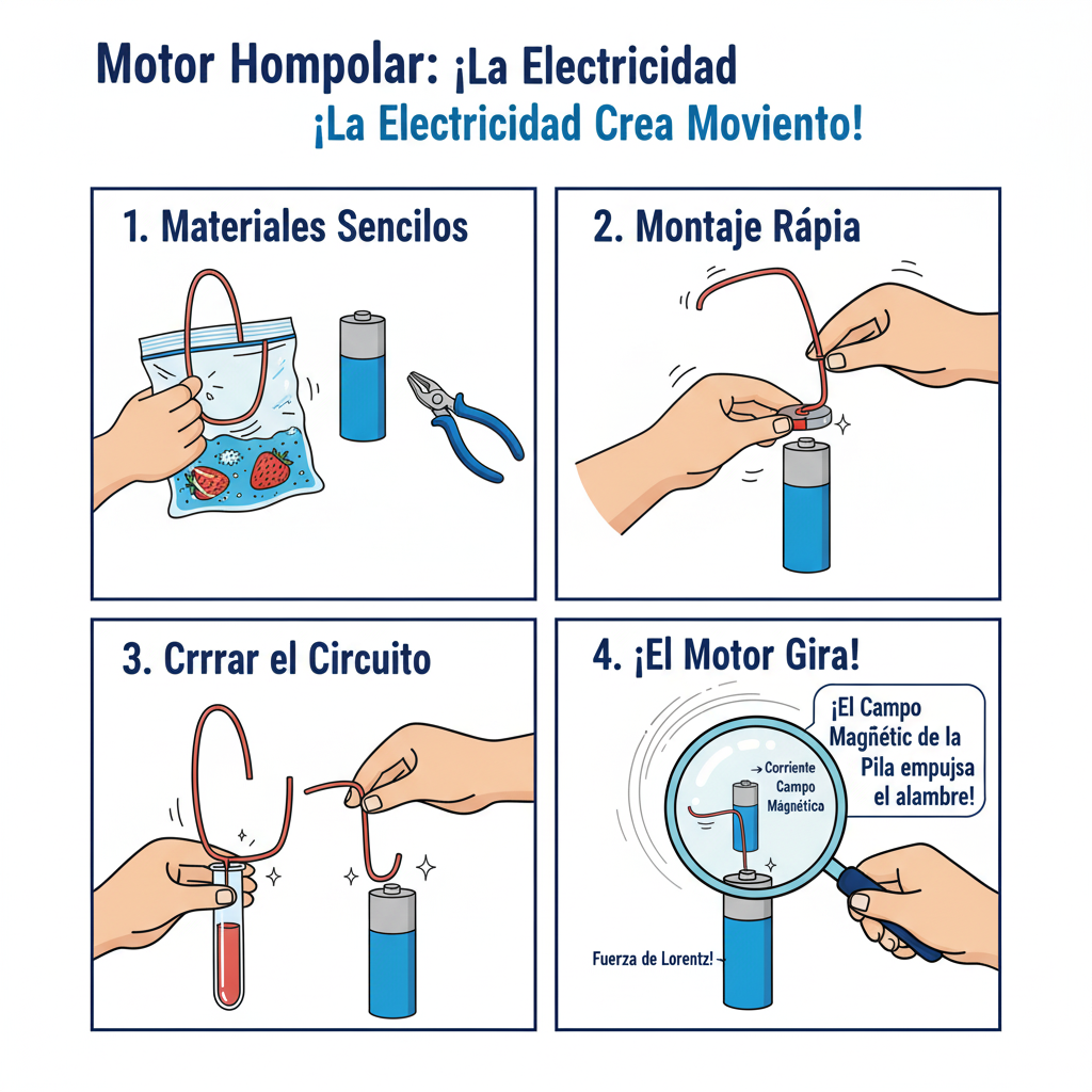 Montaje final del motor homopolar simple sobre una batería con imán y alambre