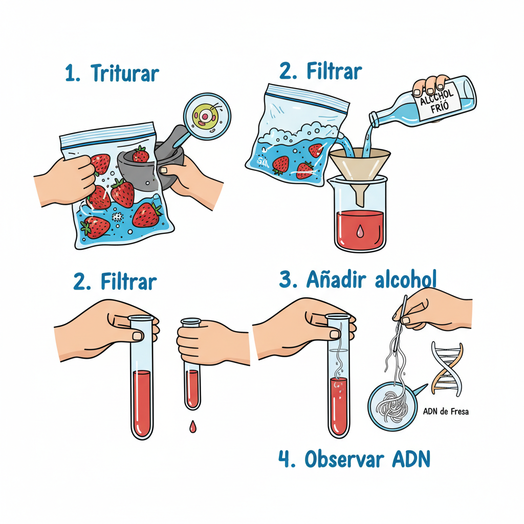 Montaje final del experimento de extracción de ADN de fresa, mostrando el ADN como una nube blanca en un vaso.