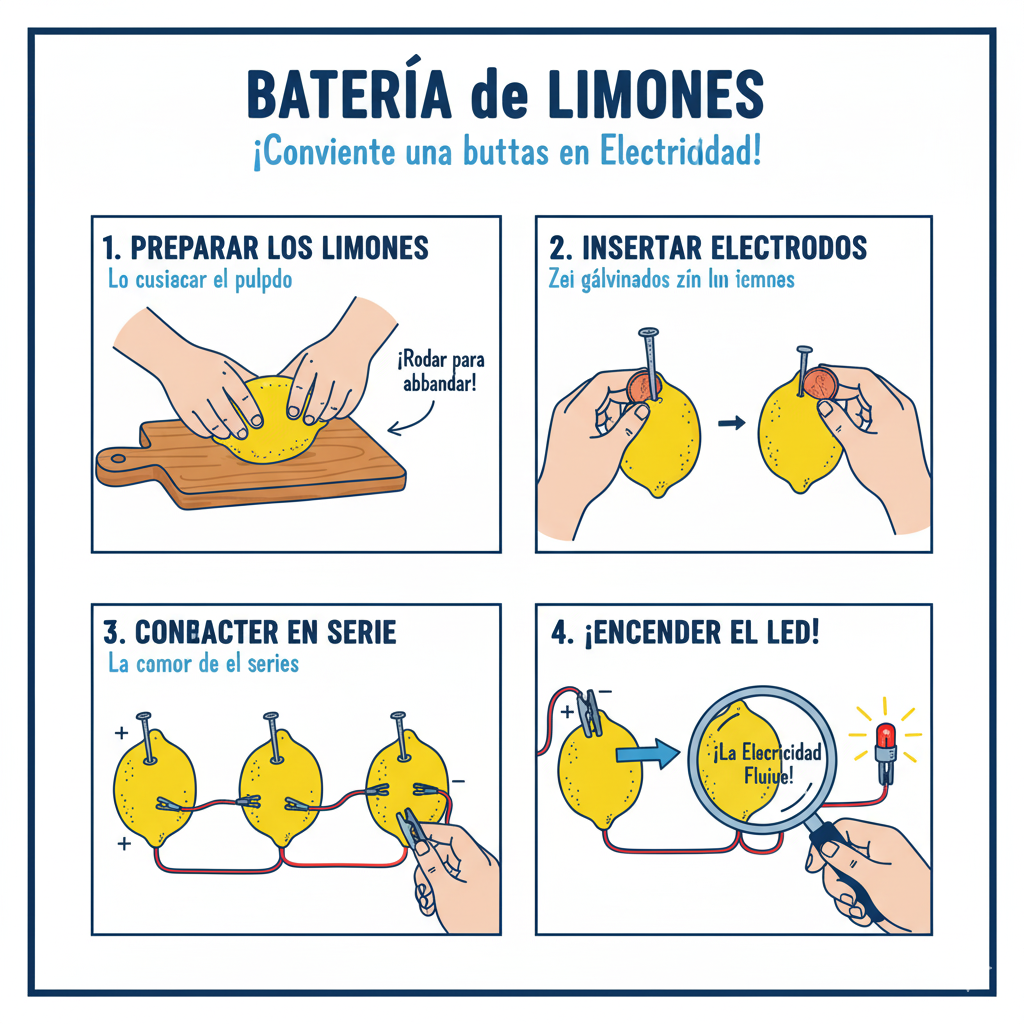 Montaje final de batería con limones o patatas conectados a cobre y zinc, medidos con multímetro