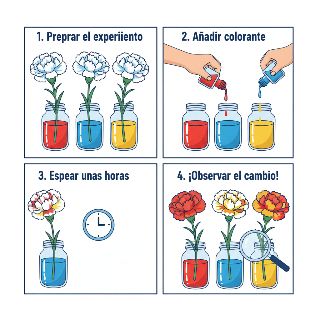 Ramo de flores blancas en vasos con agua coloreada mostrando pétalos teñidos