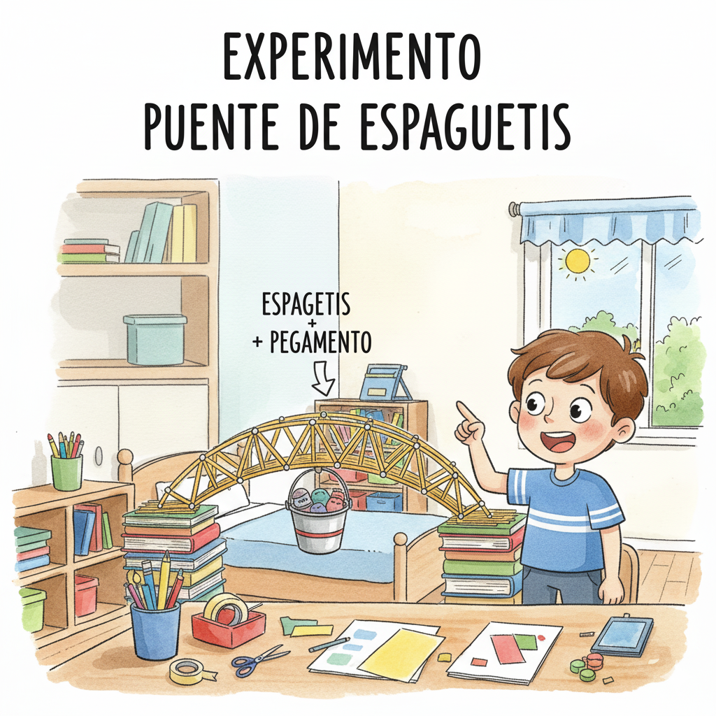 Puente de espaguetis terminado sosteniendo peso colgado en el centro sobre dos soportes