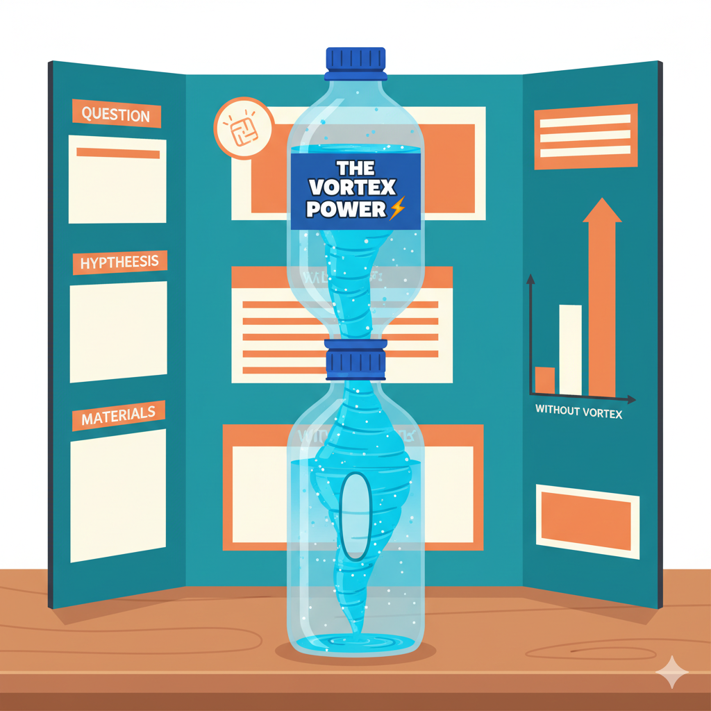 Montaje final del experimento del tornado en una botella, mostrando el vórtice de agua.