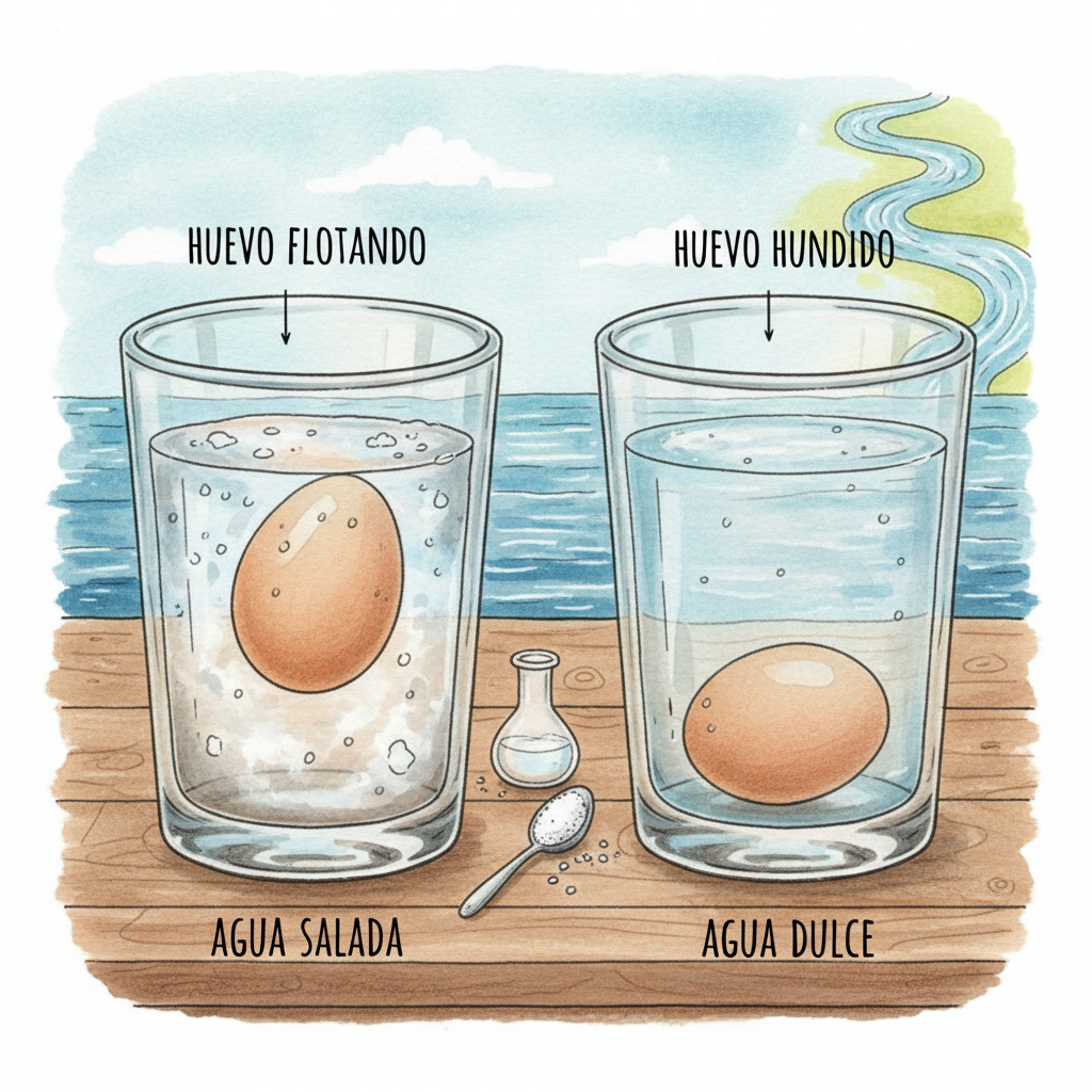 Un huevo flotando en un vaso de agua salada junto a otro huevo hundido en agua dulce.