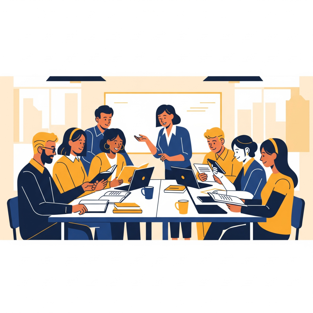 Una profesora de pie facilita la discusión con uno de los grupos