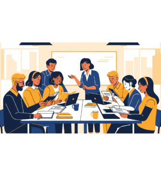 Una profesora de pie facilita la discusión con uno de los grupos