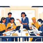 A teacher standing facilitates discussion with one of the groups.