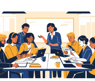 A teacher standing facilitates discussion with one of the groups.