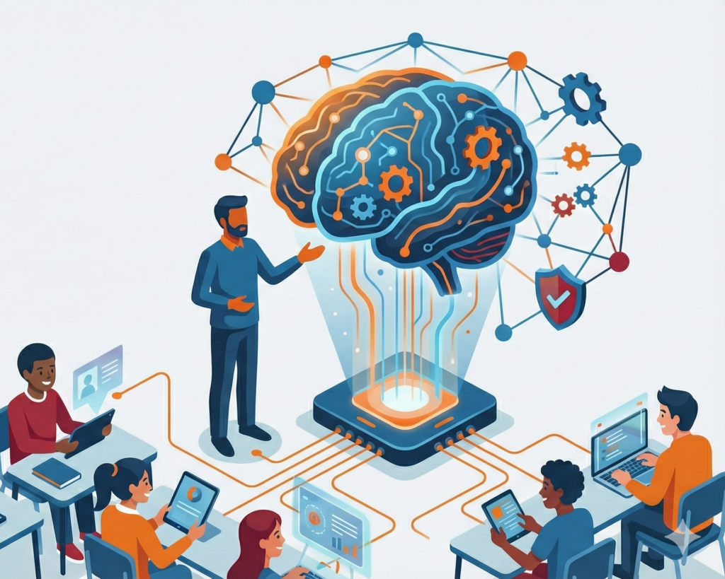 Ilustración que representa la competencia digital docente y la inteligencia artificial en el aula, mostrando un cerebro tecnológico conectado a estudiantes y profesores usando dispositivos digitales.