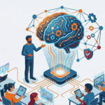 Ilustración que representa la competencia digital docente y la inteligencia artificial en el aula, mostrando un cerebro tecnológico conectado a estudiantes y profesores usando dispositivos digitales.