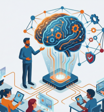 Ilustración que representa la competencia digital docente y la inteligencia artificial en el aula, mostrando un cerebro tecnológico conectado a estudiantes y profesores usando dispositivos digitales.