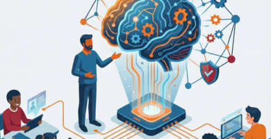 Ilustración que representa la competencia digital docente y la inteligencia artificial en el aula, mostrando un cerebro tecnológico conectado a estudiantes y profesores usando dispositivos digitales.