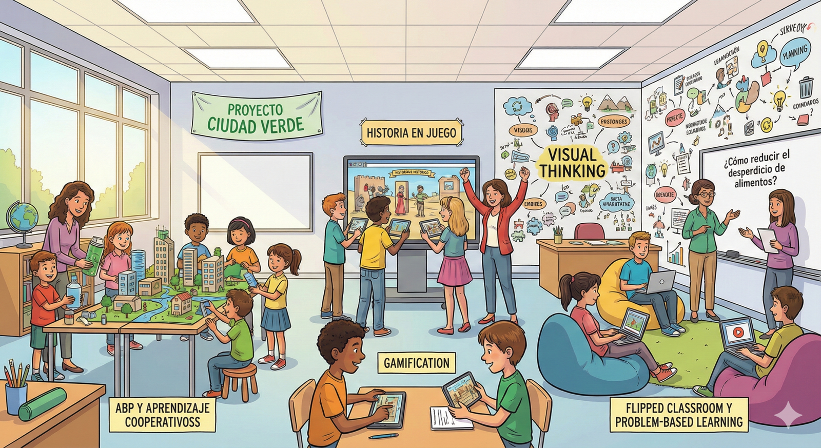 Docente de primaria y secundaria aplicando metodologías activas con estudiantes trabajando en equipo y materiales de aula