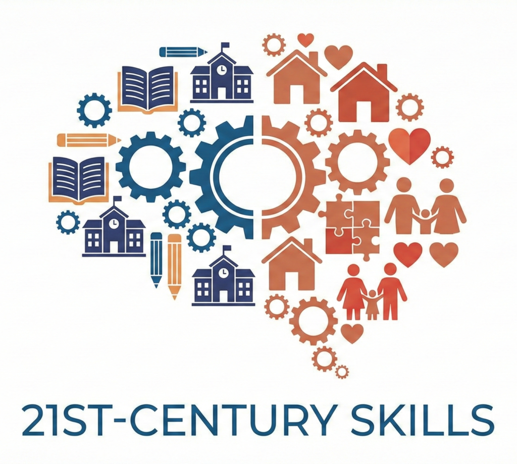 Ilustración abstracta de un cerebro formado por íconos educativos (libros, escuelas, azul) y familiares (casas, corazones, terracota), conectados por engranajes, con el texto "21ST-CENTURY SKILLS" debajo.