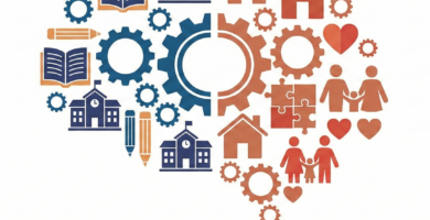 Abstract illustration of a brain formed by educational (books, schools, blue) and familiar icons (houses, hearts, terracotta), connected by gears, with the text "21ST-CENTURY SKILLS" underneath.