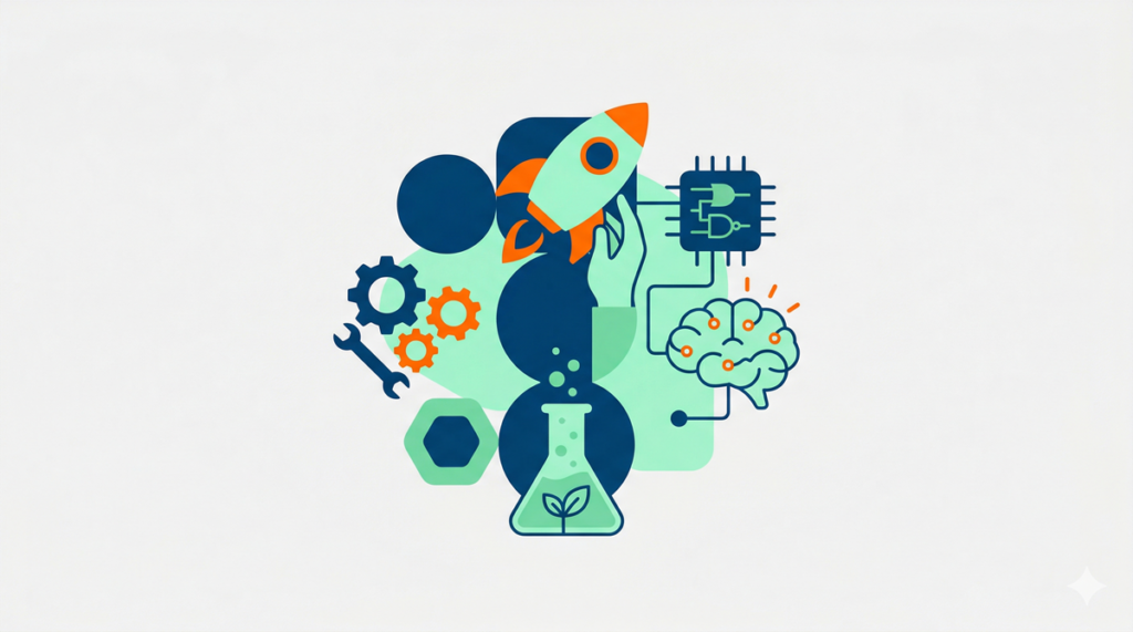 Ilustración con íconos STEM como engranajes, bombilla y molécula, representando actividades STEM fáciles para el aula.