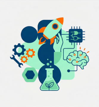 Ilustración con íconos STEM como engranajes, bombilla y molécula, representando actividades STEM fáciles para el aula.