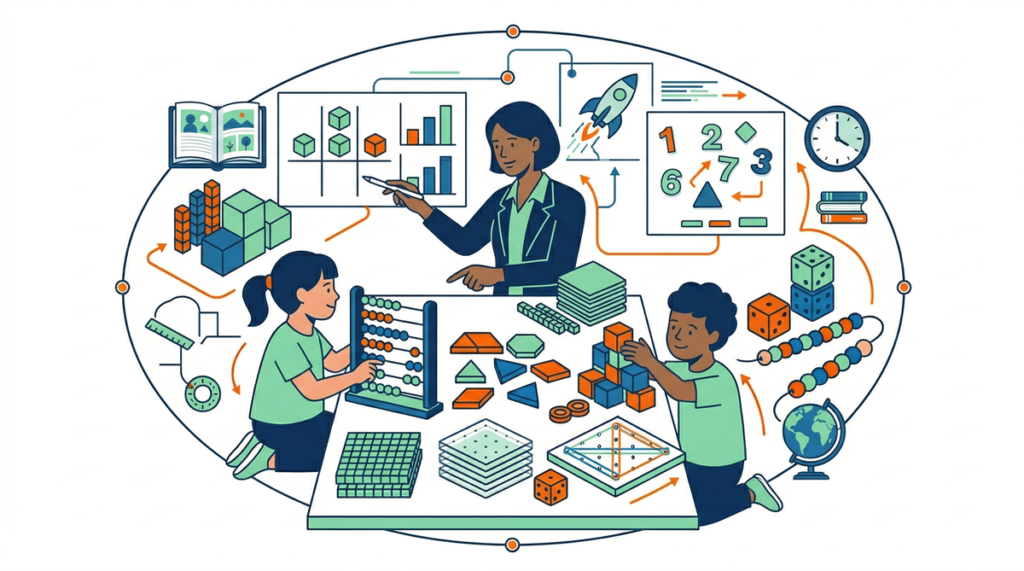 Ilustración de actividades de matemáticas manipulativas con estudiantes usando objetos, figuras y materiales para aprender conceptos matemáticos.