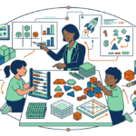 Ilustración de actividades de matemáticas manipulativas con estudiantes usando objetos, figuras y materiales para aprender conceptos matemáticos.