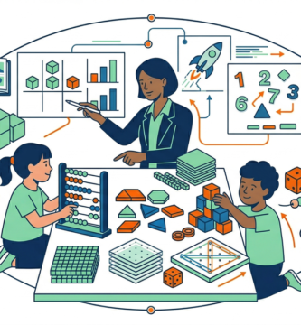 Illustration of manipulative math activities with students using objects, shapes, and materials to learn math concepts.
