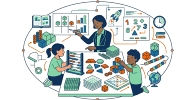 Ilustración de actividades de matemáticas manipulativas con estudiantes usando objetos, figuras y materiales para aprender conceptos matemáticos.